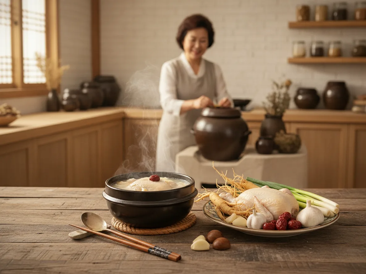 삼계탕 한 마리 재료비 계산을 위한 영계·수삼·찹쌀 등 재료 전체 모습