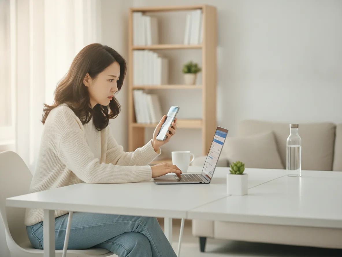 휴대폰 명의도용 확인방법을 알아보는 한국 여성