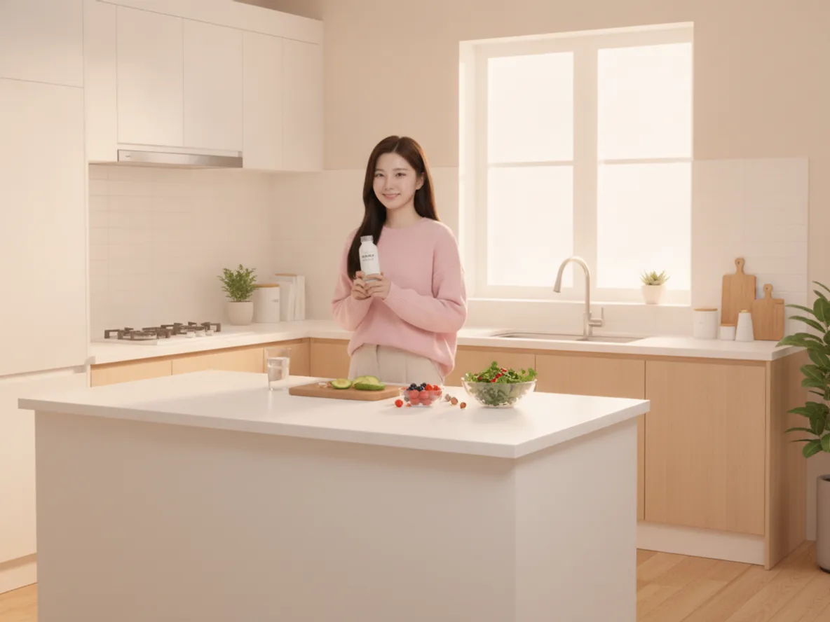 퓨어틴 단백질 음료를 들고 있는 20대 한국 여성