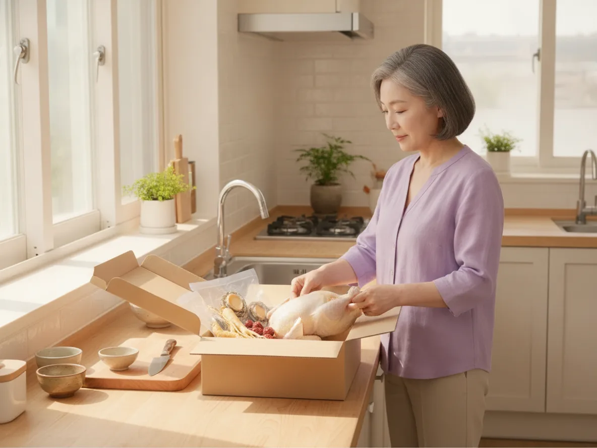 초복 보양식 밀키트 온라인 주문 후 재료를 확인하는 중년 여성