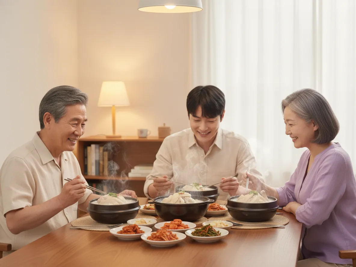 초복날 집에서 삼계탕 보양식을 즐기는 한국 가족