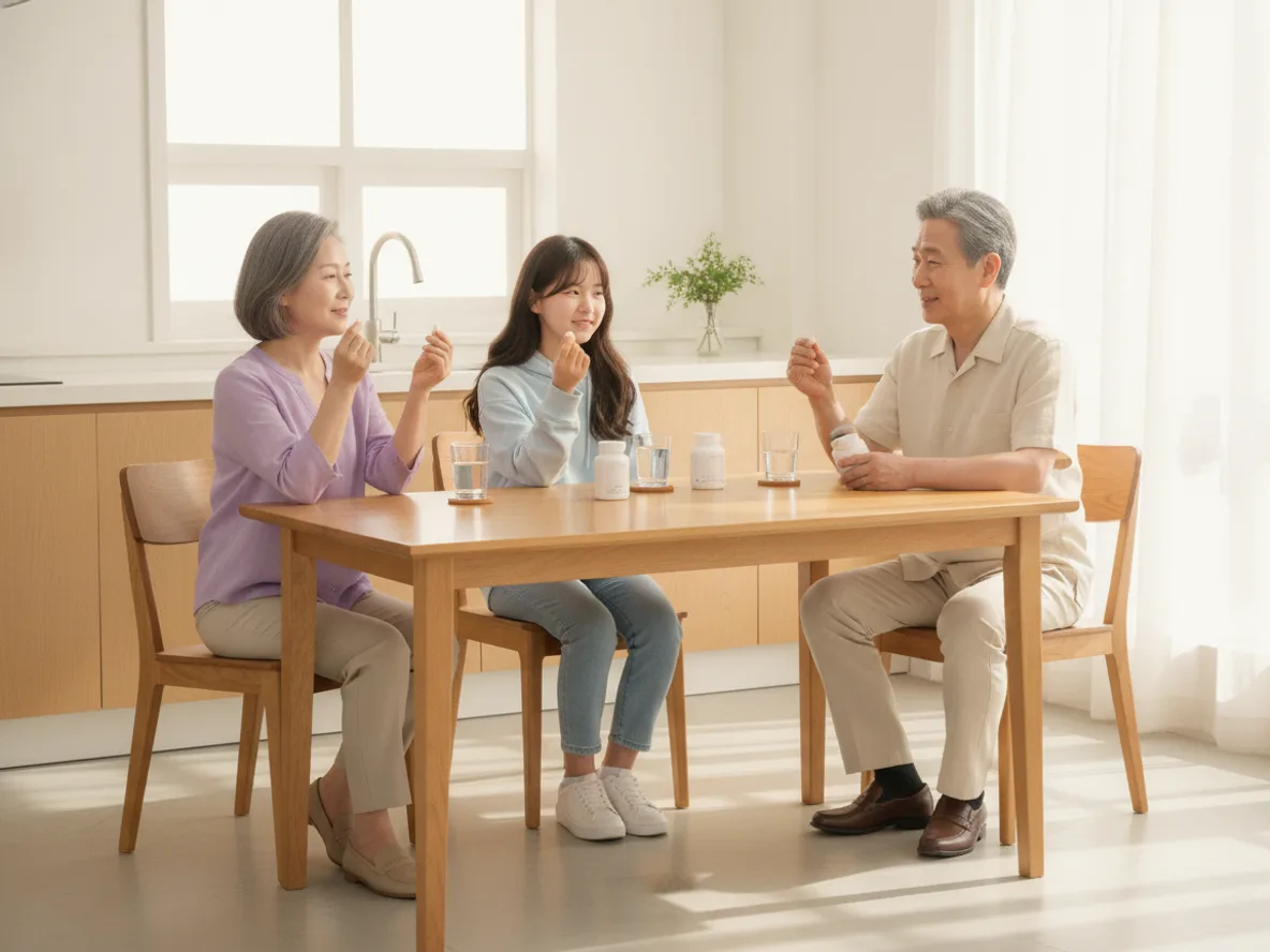 가족이 함께 구강유산균과 장건강 유산균을 섭취하는 일상 장면