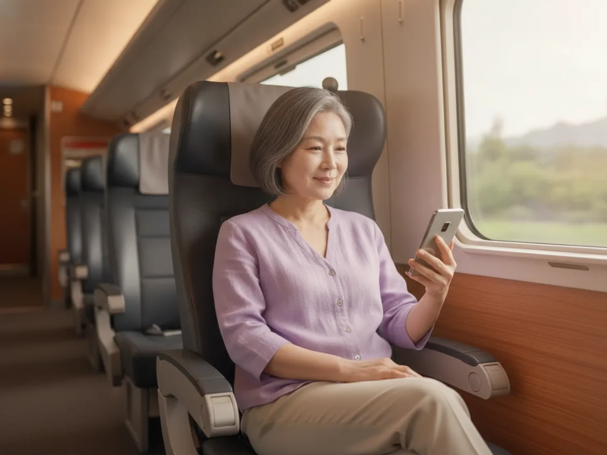 KTX 열차 안에서 스마트폰으로 기차 예매 앱을 확인하는 30대 한국 여성
