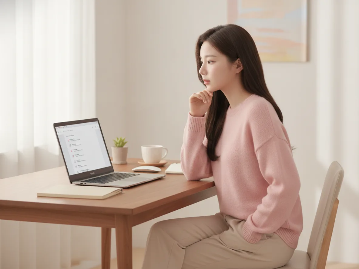 노트북으로 KTX SRT 통합 회원 전환 체크리스트를 확인하는 20대 한국 여성