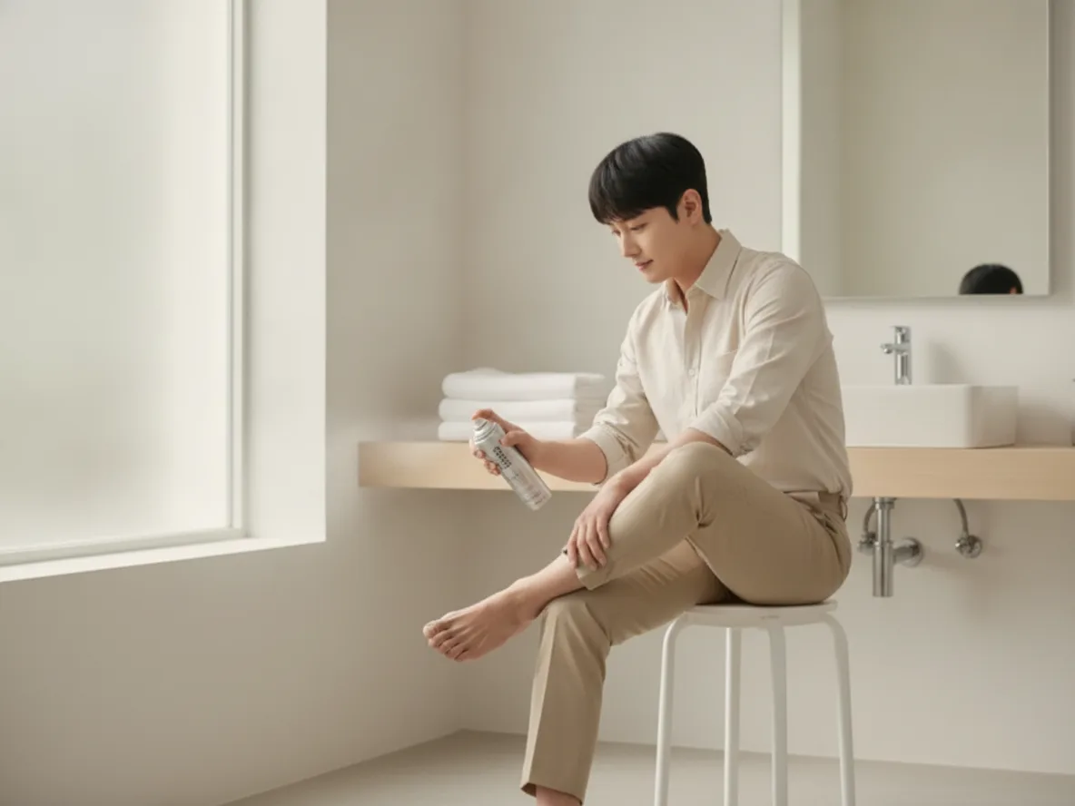 무좀 치료제 에어로솔을 발에 분사하는 남성