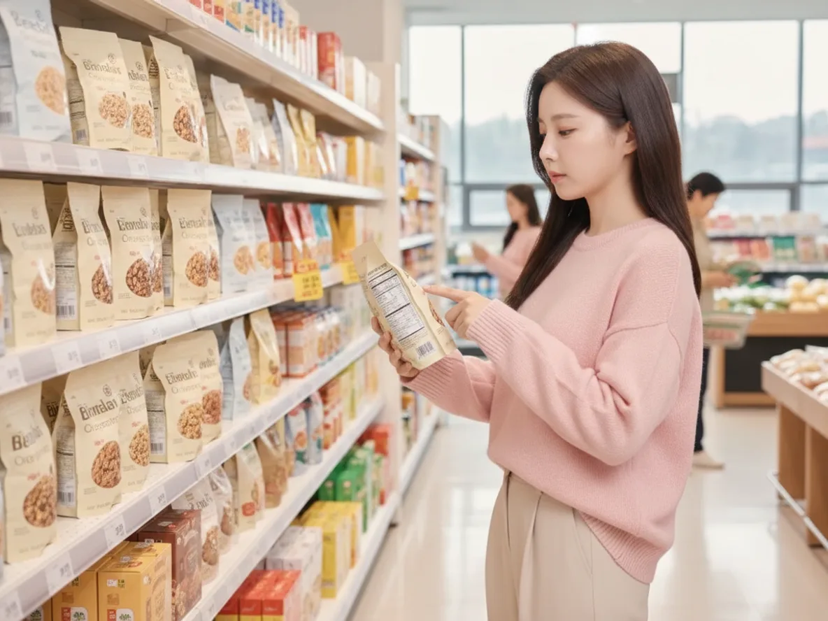 성분표에서 저당 그래놀라 당류 수치를 확인하는 여성