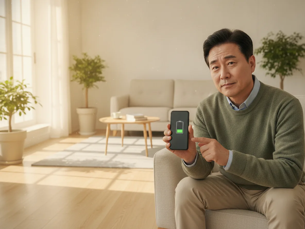 스마트폰 배터리 상태를 확인하는 중년 남성