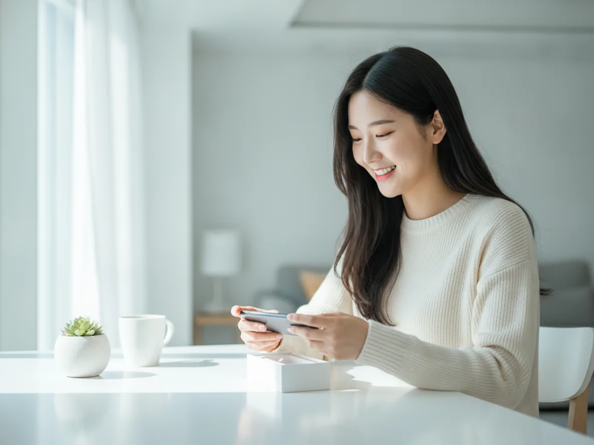 새 스마트폰을 개봉하며 기뻐하는 여성