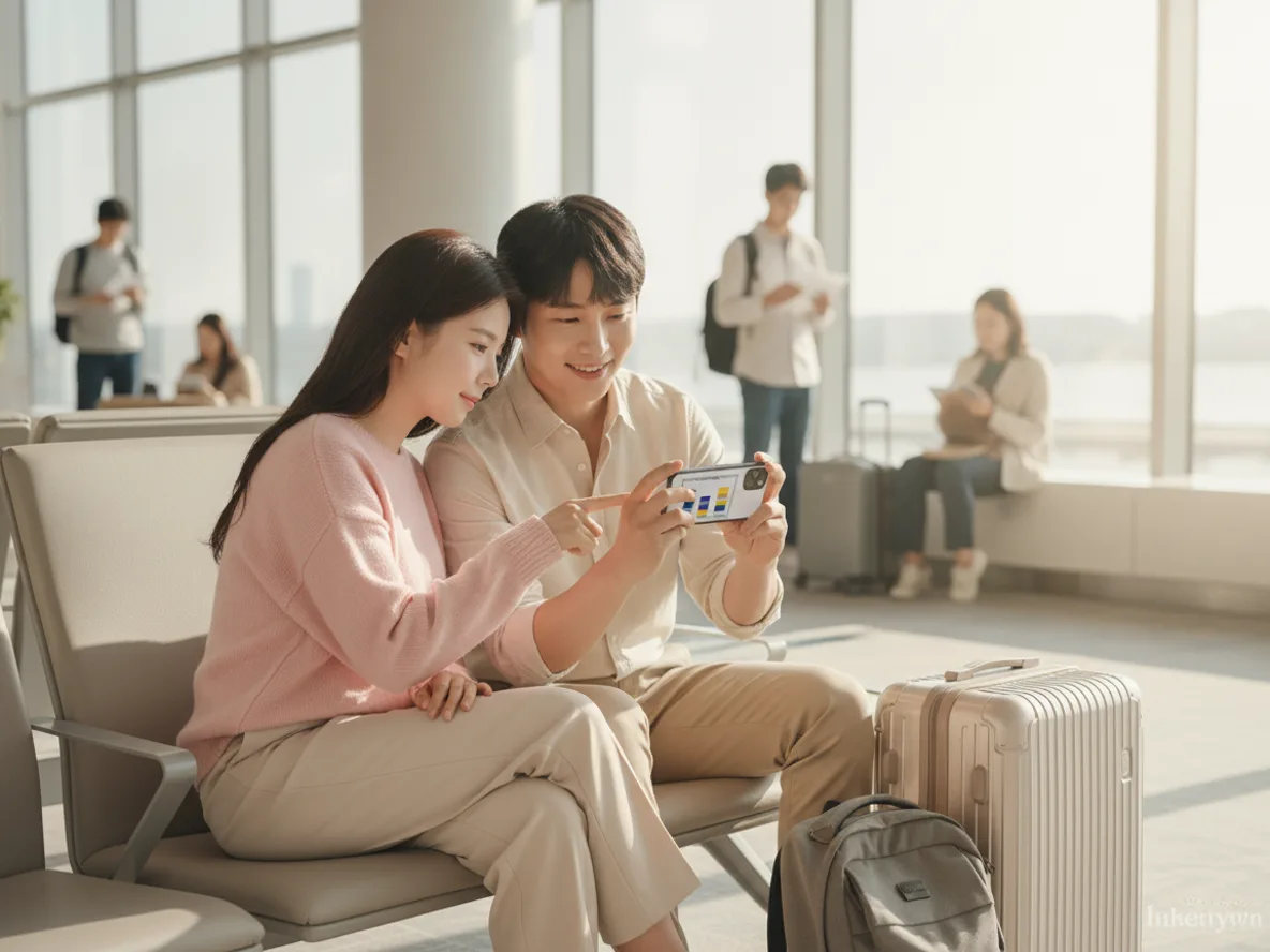해외여행보험 가입 조건을 출국 전 공항에서 확인하는 한국인 커플
