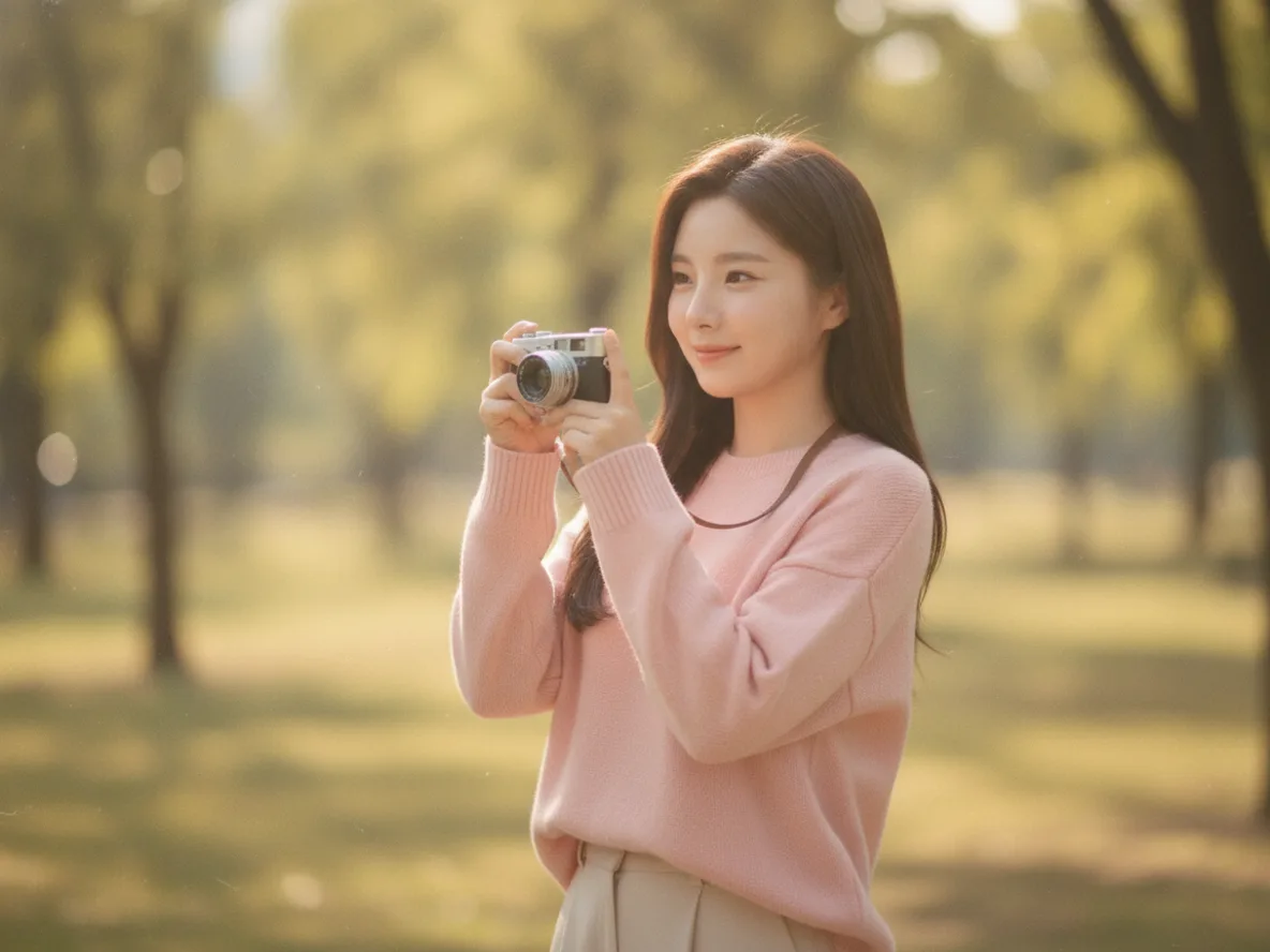필름카메라 입문자가 로모그래피 하프프레임 카메라를 들고 야외에서 촬영하는 장면