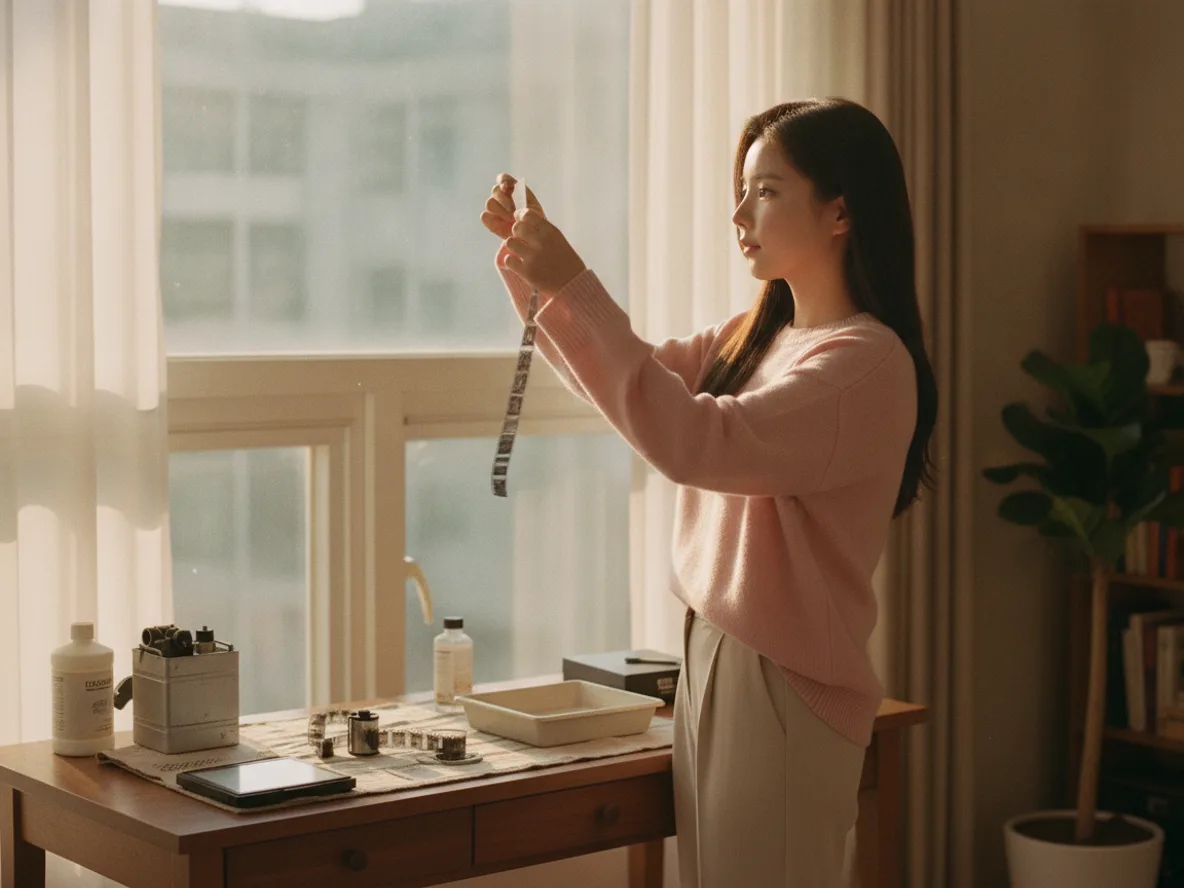 현상된 하프프레임 필름 네거티브를 빛에 비춰 확인하는 필름카메라 입문자