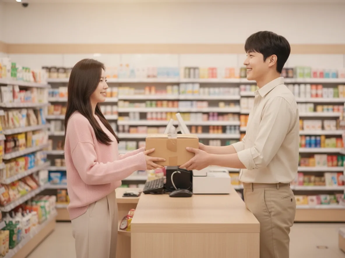 편의점 반값택배 CU GS 비교 — 여성 고객이 편의점 카운터에서 택배를 접수하는 장면