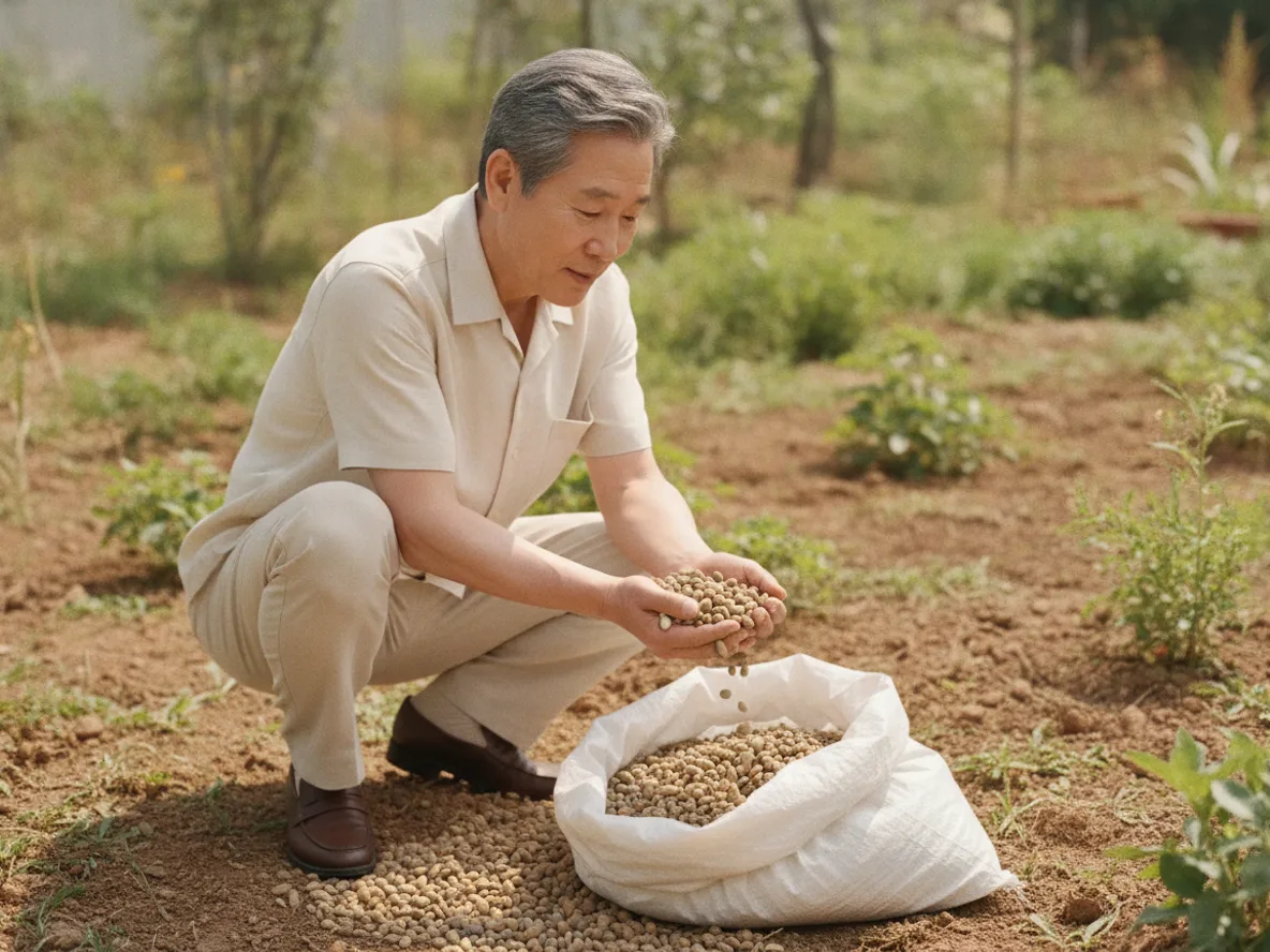 콩자갈 포대를 열어 규격을 확인하는 남성