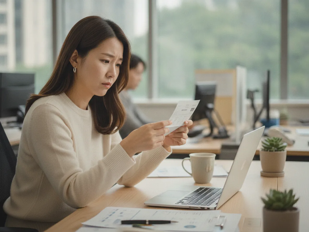 성과급 세금 공제 내역이 적힌 급여명세서를 확인하는 직장인