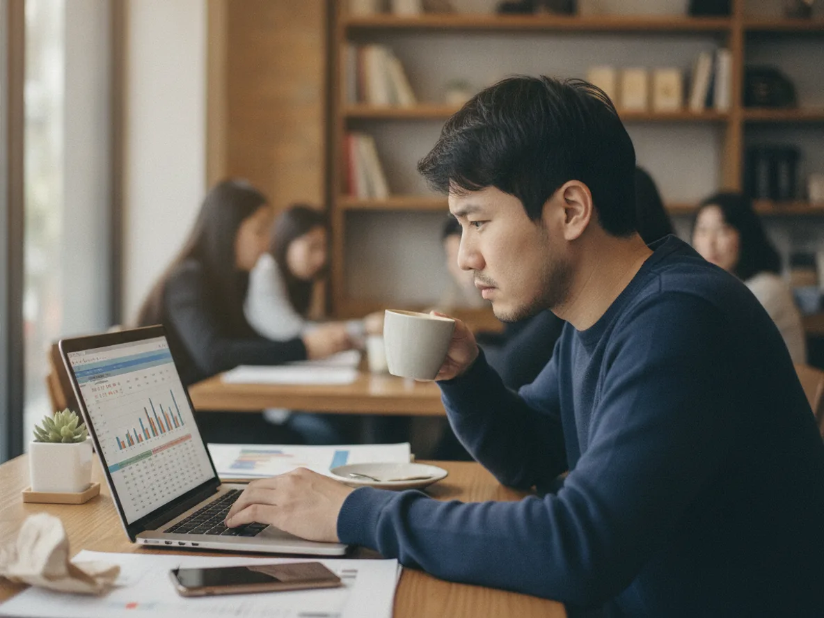 성과급 세금 계산을 노트북으로 확인하는 직장인
