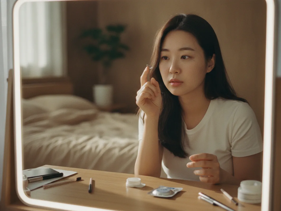 하드렌즈와 소프트렌즈를 비교하며 콘택트렌즈를 착용하려는 여성