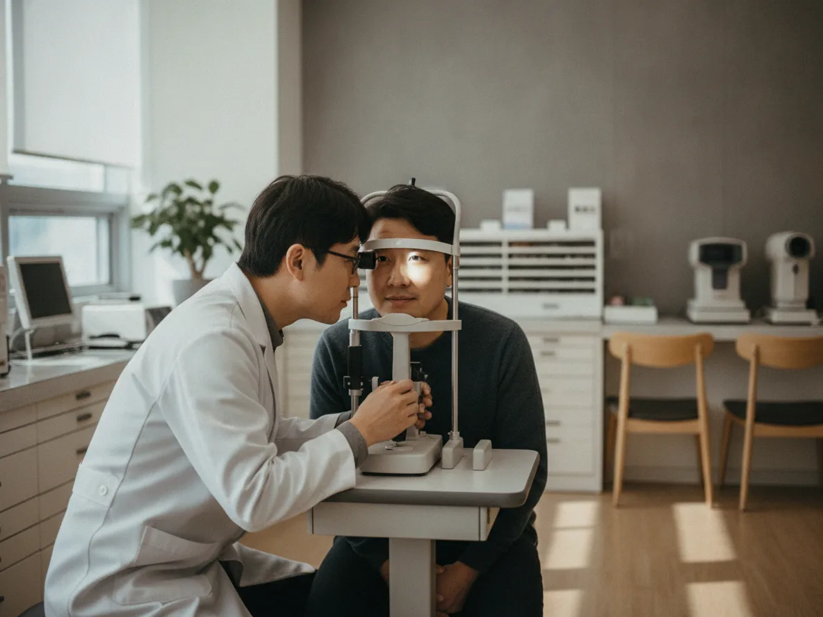 안과에서 렌즈 처방을 위한 각막 검사를 받는 남성