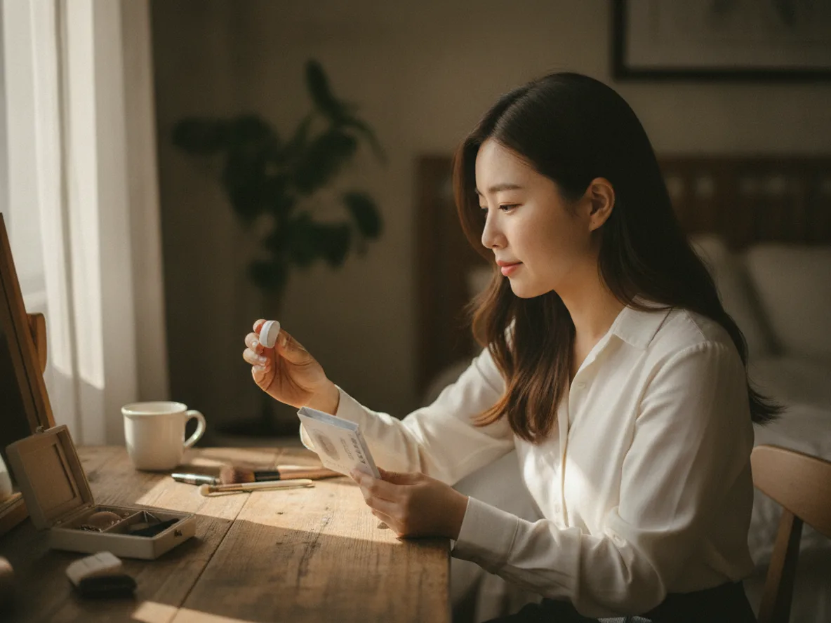난시용 컬러 렌즈 패키지를 확인하는 한국 여성
