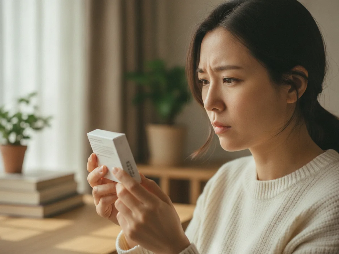 컬러 렌즈 패키지 라벨을 꼼꼼히 읽는 모습