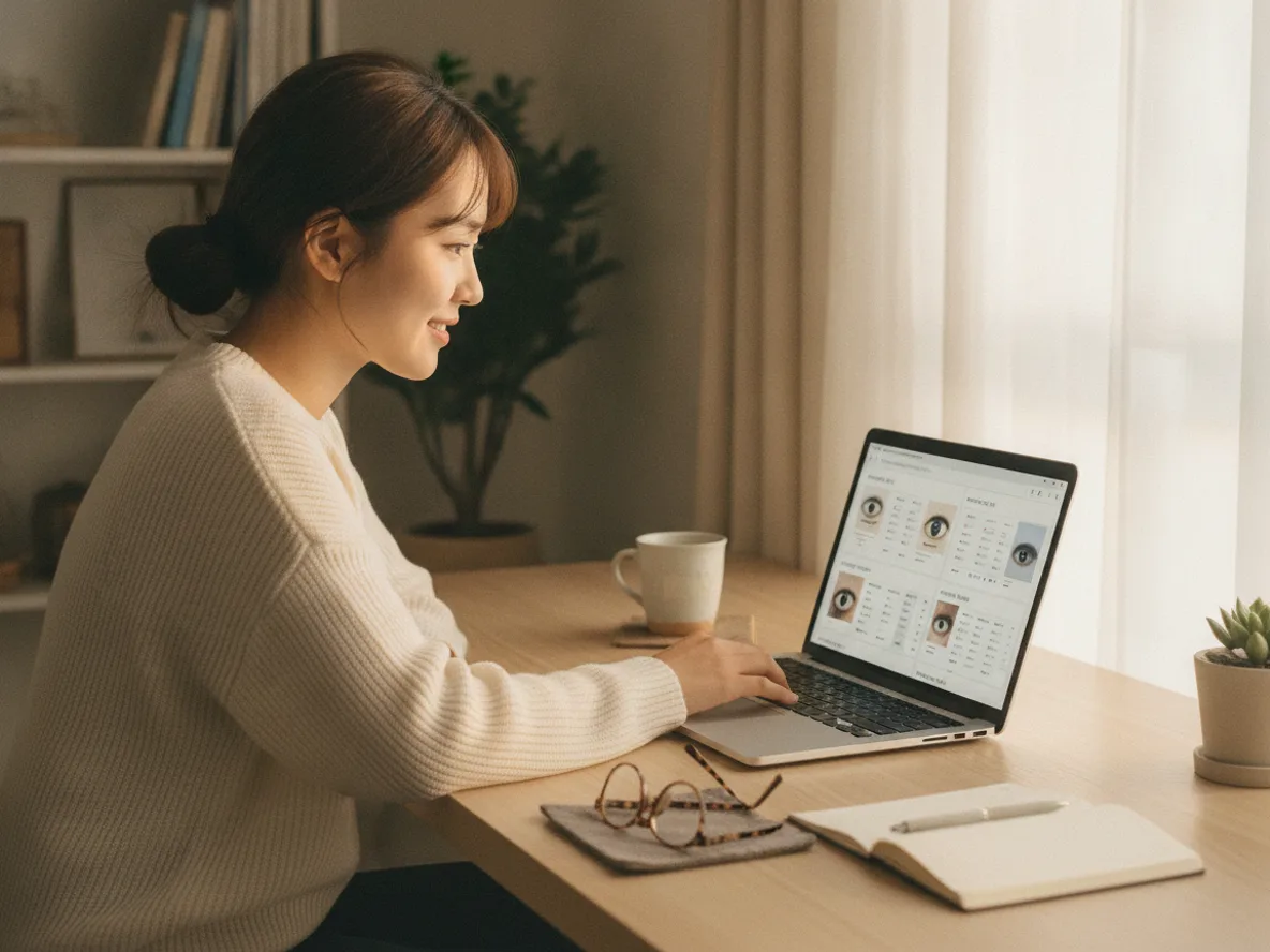 온라인으로 난시용 컬러 렌즈 브랜드를 비교하는 모습