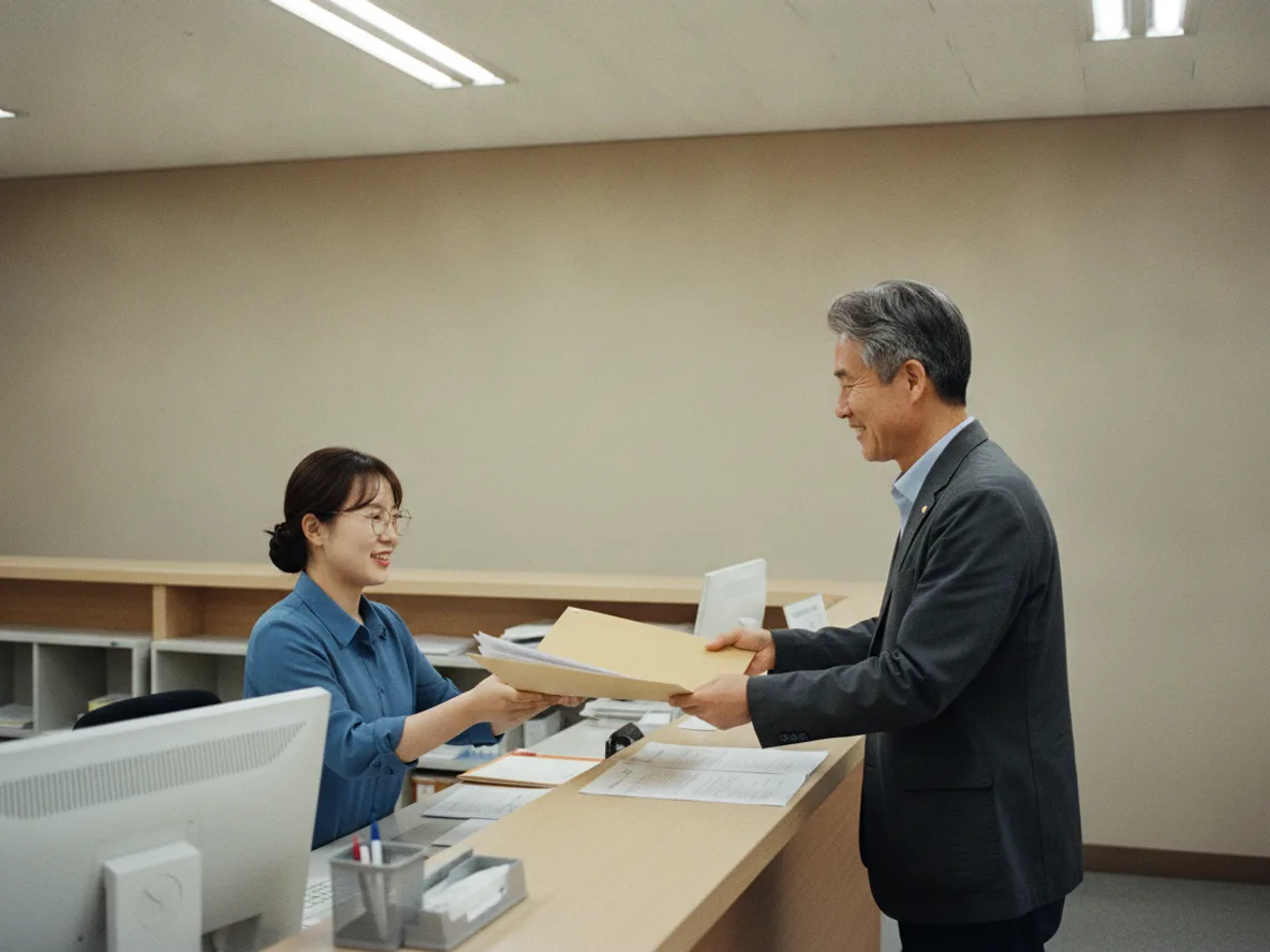 주민센터에서 재난 피해 지원금을 신청하는 자영업자