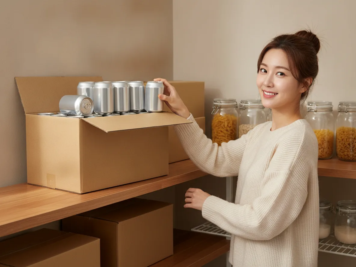가정에서 정리된 탄산음료 박스 보관 모습