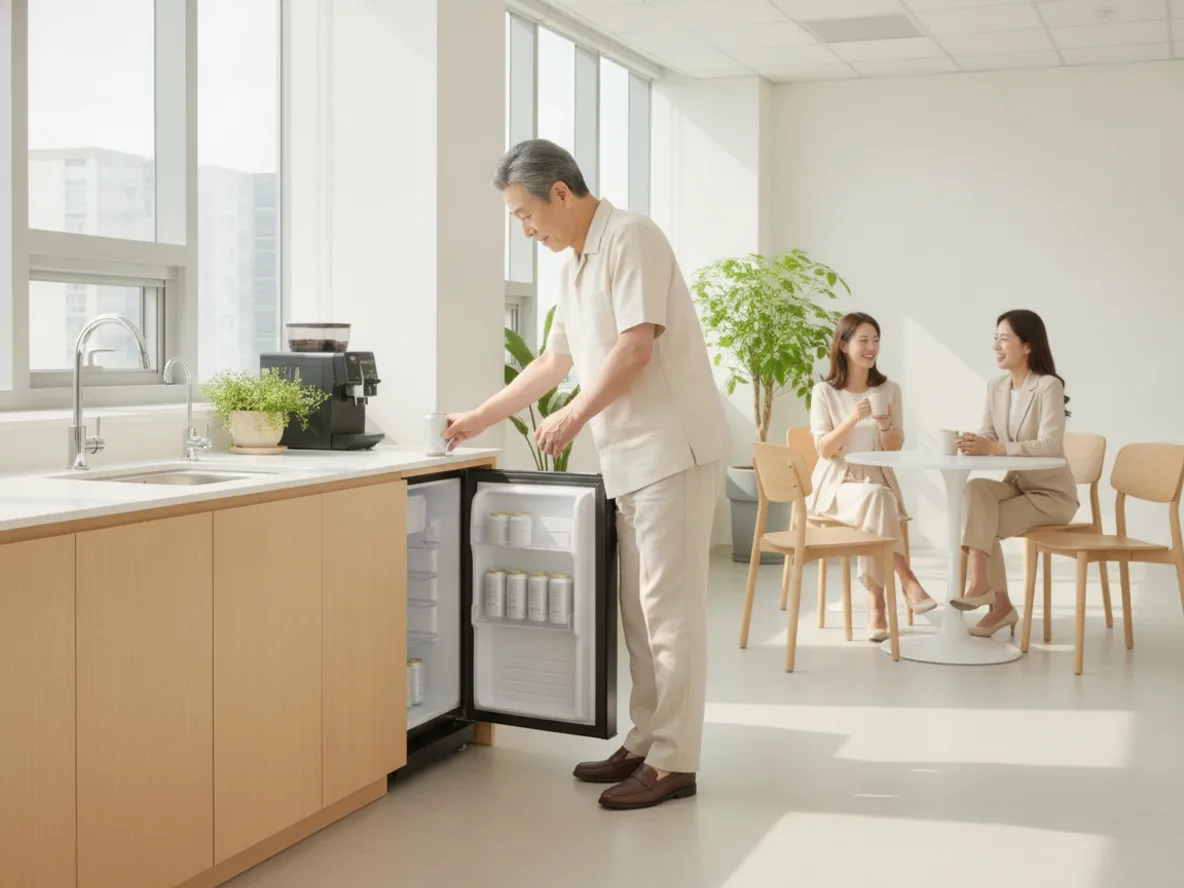 사무실 냉장고에서 탄산음료를 꺼내는 중년 남성