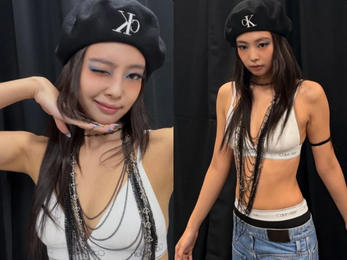 제니, 속옷만 입고 무대 올랐다..언더웨어+새깅패션 '뼈말라' 과시