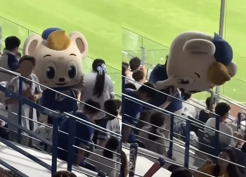 삼성 마스코트 라온이 냅다 밀친 관중…일행은 '낄낄' 촬영