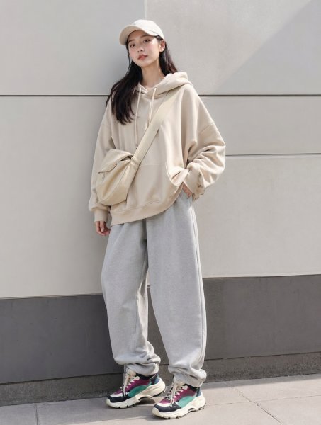 베이지 오버후디 조거룩