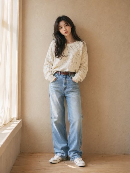 크림 케이블 데님룩
