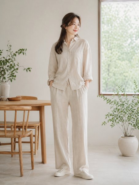 베이지 카라 셋업룩