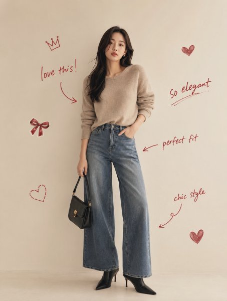 베이지 니트 와이드진룩