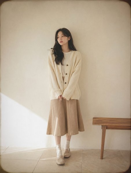 버터 카디건 미디룩