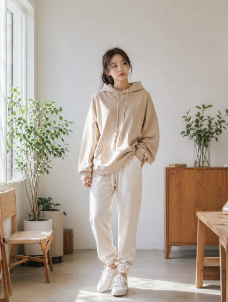 베이지 후디 홈웨어룩