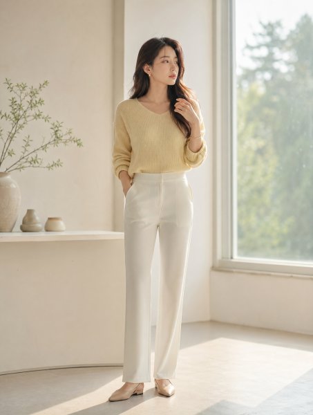 머스타드 니트 슬랙스룩