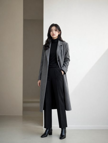 차콜 롱코트 올블랙룩