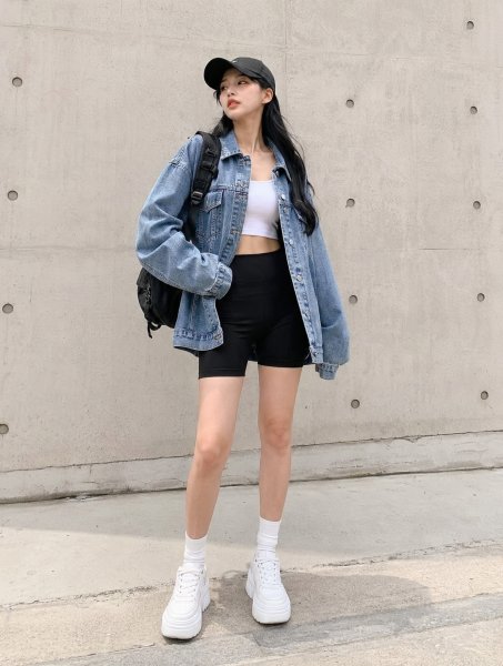 데님 재킷 블랙숏츠룩