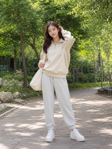 크림 후디 산책룩