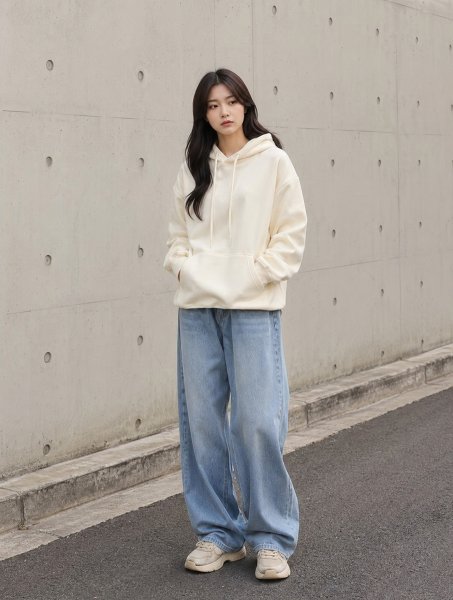 크림 후디 워싱데님룩