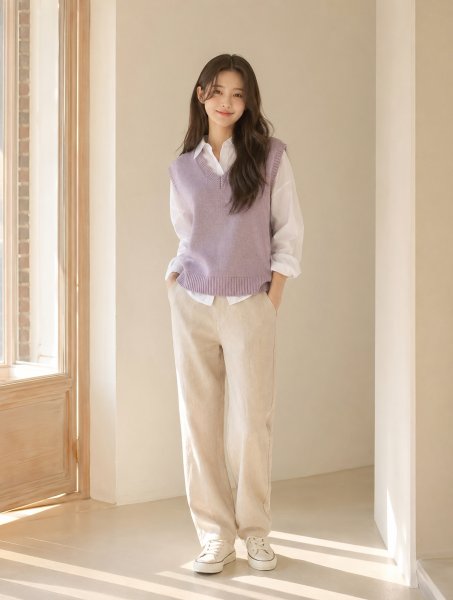 라벤더 셔츠 화이트팬츠룩