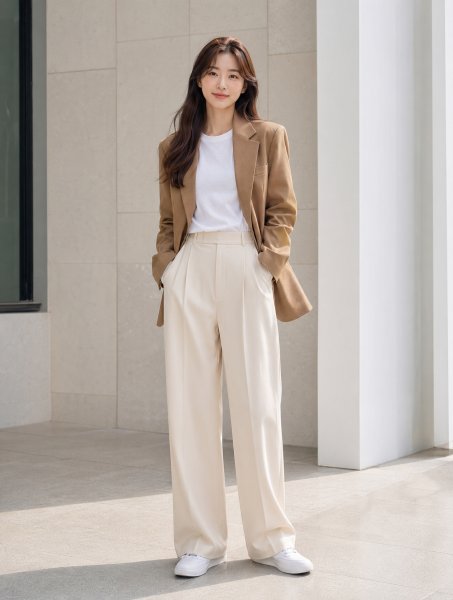 크림 와이드 오피스룩