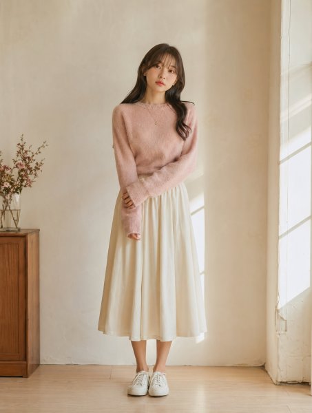 핑크 니트 플리츠스커트룩
