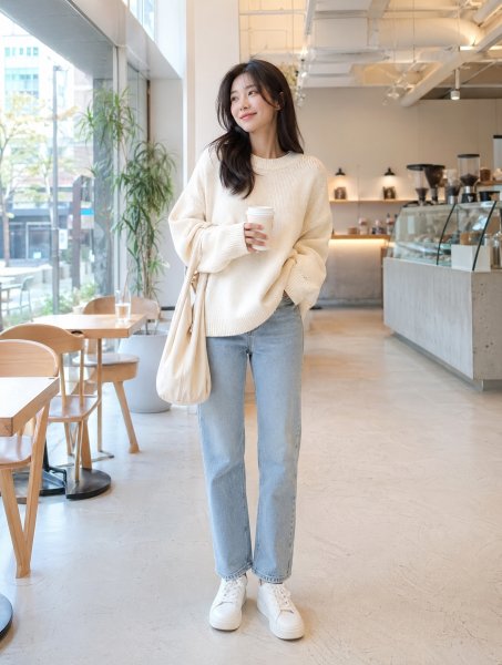 크림 재킷 카페 나들이룩