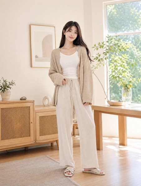 베이지 오픈가디건 릴렉스룩
